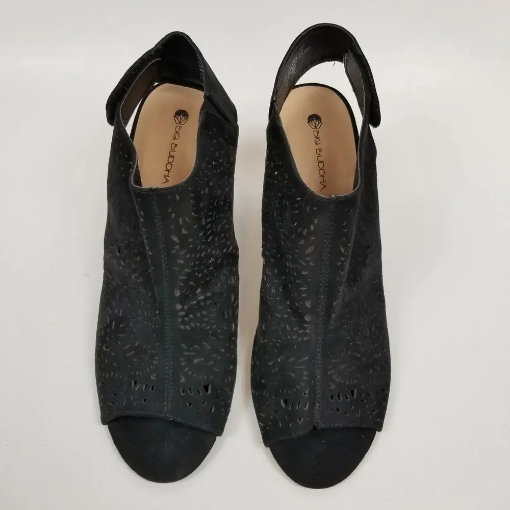 Big Buddha Black Faux Suede Lasercut Peep Toe Sandals Size 11